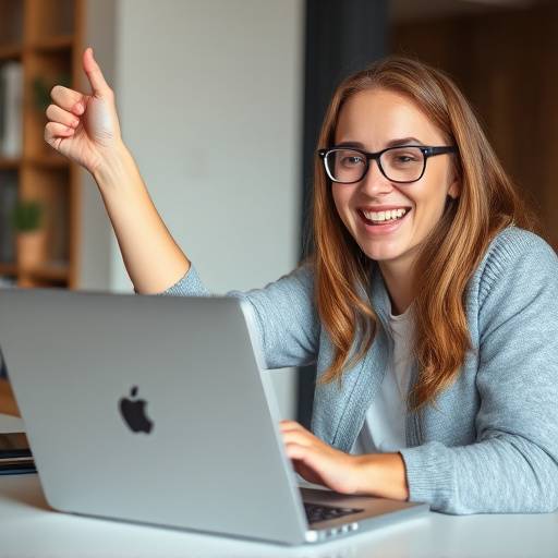Image showcasing someone celebrating achieving their short-term savings goal with a new laptop and a smile.